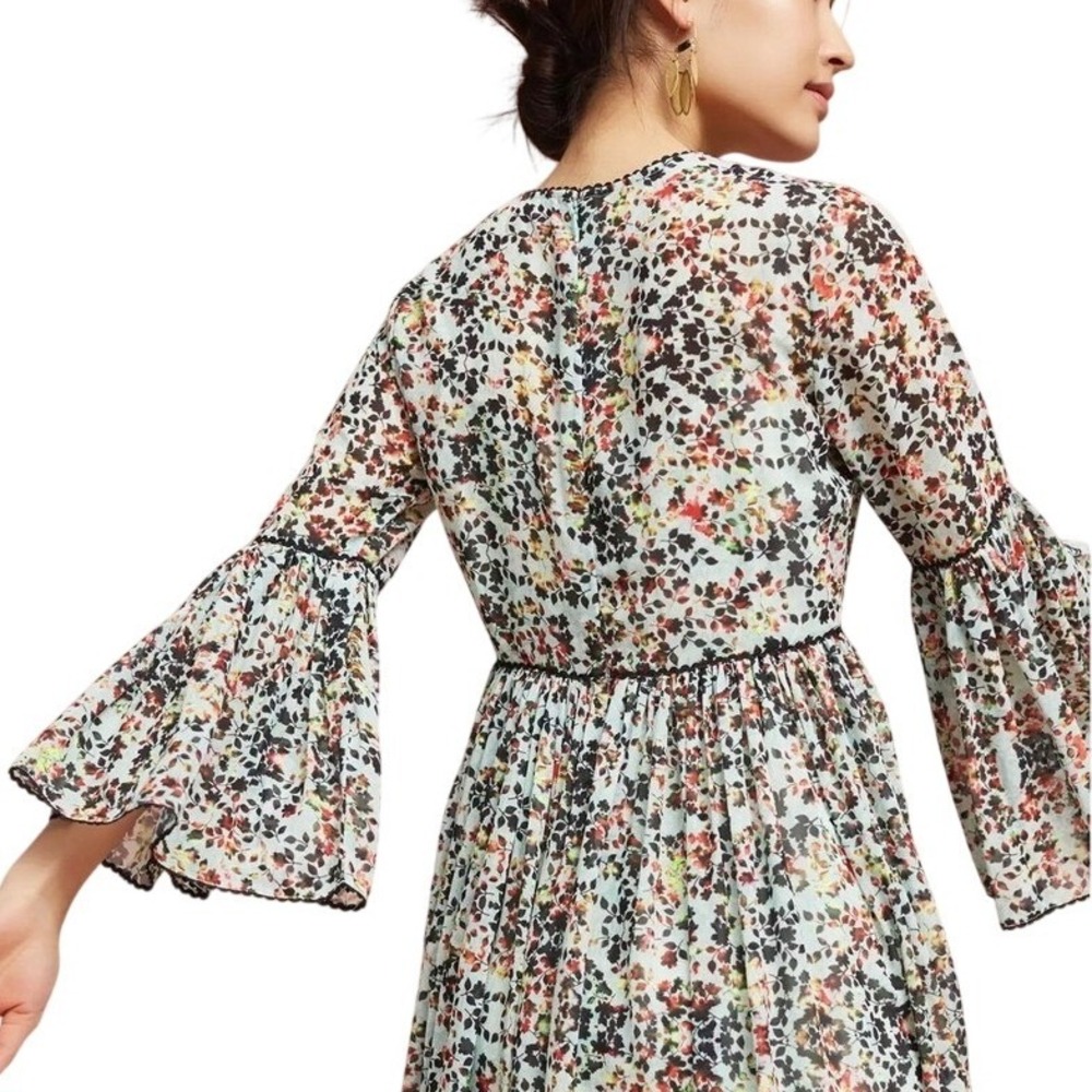 Bhanuna Anthropologie Floral Bell Sleeve Mini Dress Women's 0 Blue Boho Feminine - Picture 3 of 15